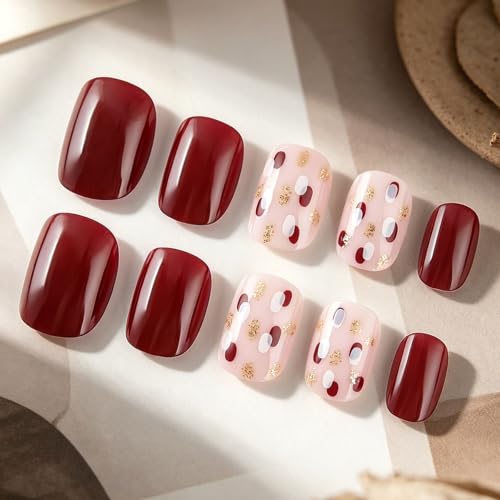 Fall Press on Nails Short Square Fake Nails with Glitter Dot Designs Glossy Nails Press ons Burgundy Nude Glue on Nails Full Cover Acrylic Nails Autumn Stick on Nails for Women 24Pcs - color: 12