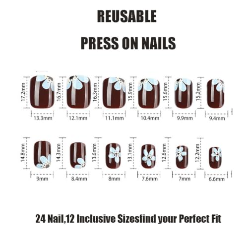 Dark Red Press on Nails Short Square Fake Nails Blue Flower False Nails - color: Style33