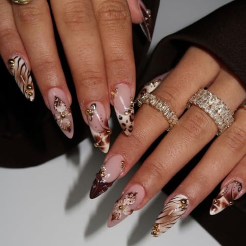 Fall Medium Almond Press on Nails - Brown French Tip - color: D-59