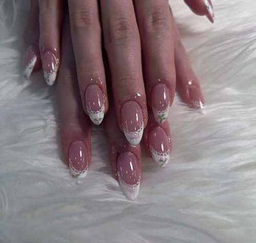 CurvLife Medium Almond Lace Floral Press On Nails, Lace Bloom Nude White - color: A7 - Lace Bloom