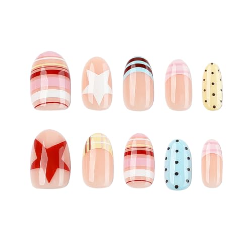 Y2K Cute Pastel Press On Nails, Short Almond Fake Nails with Candy Stripe, Polka Dot & Star Design, Glossy Handmade Reusable Nail Set for Women Girls - color: 83-Elliptical Rainbow