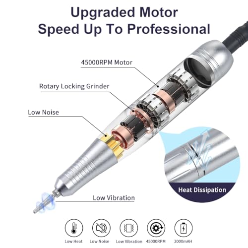 Electric Nail Drill, 45000rpm Portable Electric Nail File, Rechargeable Nail Drill with Bits & Base for Acrylic Gel Nails, Electric File Machine, Manicure Polishing for Home/Salon (White) - color: White