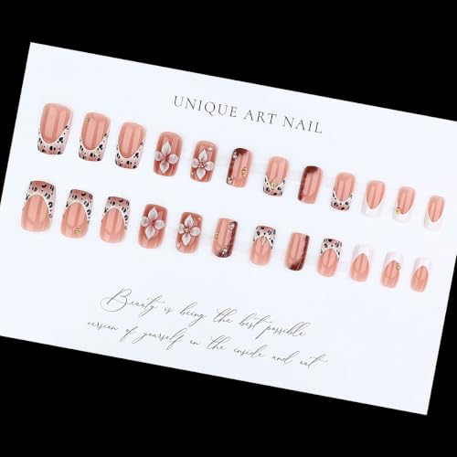 Medium Square Press on Nails French Tip Fake Nails with Leopard Print 24Pcs - color: Style-29