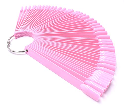 2 Sets 100 Tips Fan Shape Plastic Nail Art Tips Display Polish Board Display Practice Sticks with Metal Split Ring Holder (Pink) - color: Pink