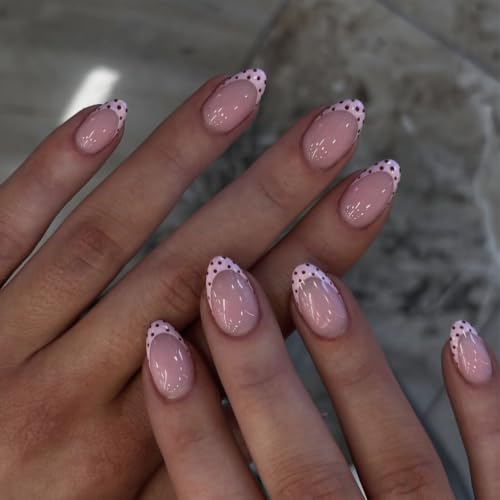 Polka Dots Press on Nails Short Almond Fake Nails Pink French Tip Acrylic - color: BD-Pink-13