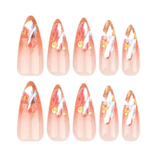 MISUD Press on Nails - Long Stiletto Glue on Nails with Orange Ombre, Acrylic Bling Glitter Rhinestone Design 24 pcs - color: 06122Orange