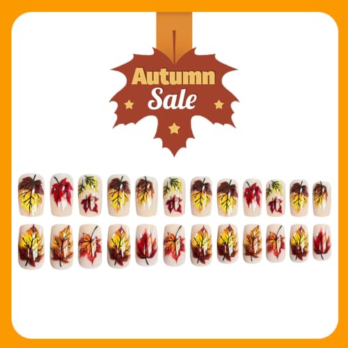 Maple Press on Nails Square Medium Fake Nails with Leaves Designs Fall Nails Press ons Nude Glue on Nails Glossy Acrylic Nails Artificial Stick on Nails for Women 24Pcs - color: Leaves Designs