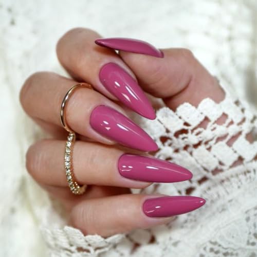 Rose Red Press on Nails Almond Long Glossy Fake Nails for Women - color: 12-Rose Red