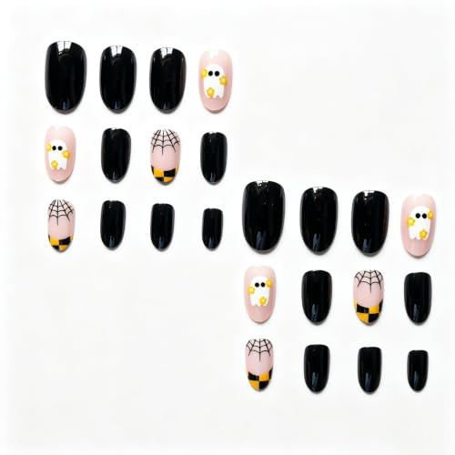 Short Almond Press on Nails Halloween with Cute Ghost Fake Nails 24Pcs - color: Style 1
