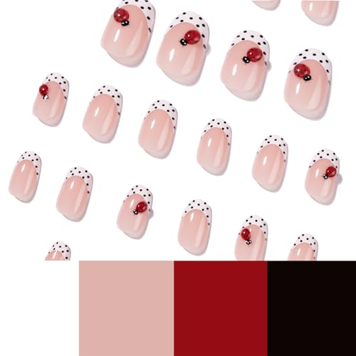 3D Short Oval French Tip Press‑On Nails — Nude Pink with White Polka Dots & Cute Ladybug, Glossy Acrylic Stick‑On Reusable Full‑Cover False Nails for Women & Girls — Easy‑Apply Tabs, Salon‑Quality - color: Polka-dot ladybug