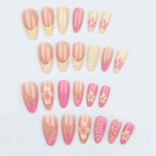 Medium Almond Press on Nails - Pink & Yellow French Tip - color: D-57
