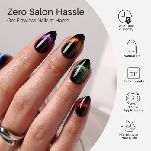 SHANGMENG Halloween Press on Nails, Short Almond Black Cat Eye Fake Nails - color: Aurora Muse