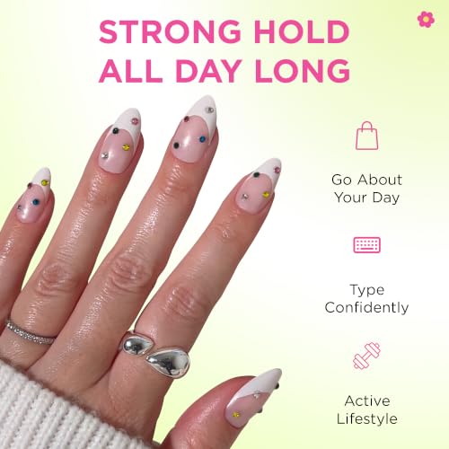 PaintLab Bejeweled 3D Gem French Tip Press On Nails, Medium Almond, 30pc - color: Bejeweled