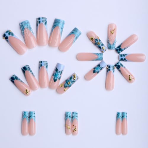 Long Square Press on Nails Blue Gradient Acrylic Fake Nail 24Pcs - color: 40