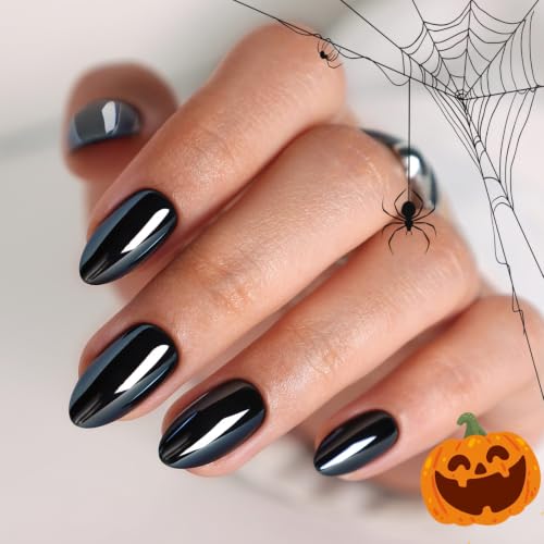 SHANGMENG Halloween Press on Nails, Almond Short Black Chrome Fake Nails - color: Liquid Onyx