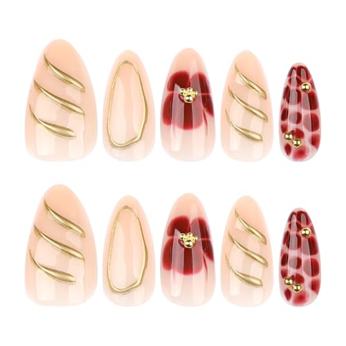Almond Press on Nails - Medium Fake Nails with Flower Gold Line Design - Ombre False Nails Press ons - for Women Manicure 24 Pcs - color: Brown Gold