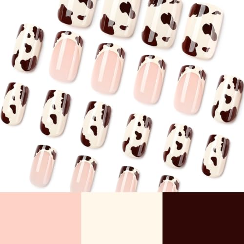 Cow Print Press on Nails Short Square Nail Press ons Fall Winter Fake Nails - color: Style32