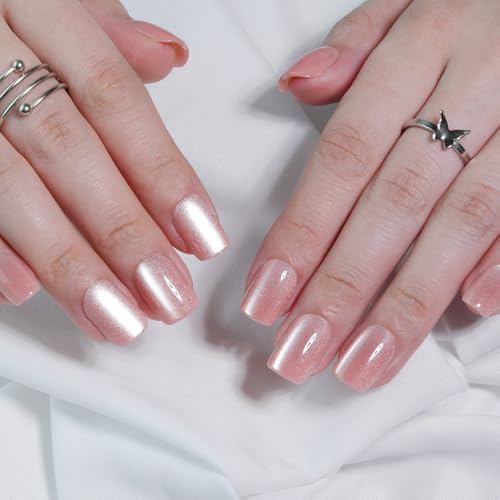 Peach Pink Press On Nails Square – Short Cat Eye Fake Nails with Color-Shifting Glow, Glossy Gel Acrylic Nails 15 Sizes, 30 Nails, Thick Reusable Glue On Nails for Daily Wear & Women Gifts - color: M08-Nude-Pink