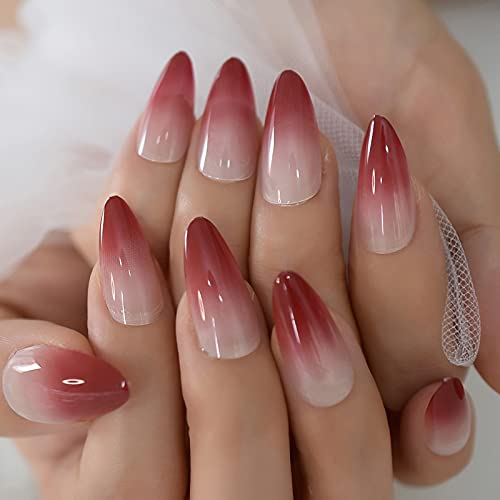 Coolnail Red Ombre Press on Nails Gradient UV Finish Design Medium Long Almond Shape False Fake Nail Pointed Reusable Nail Kit for Women - color: L5971