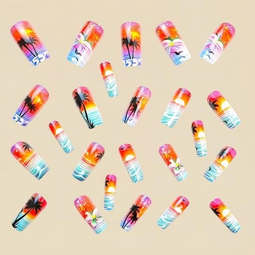 Beach Press on Nails Medium Length Fake Nails Summer False Nails Full Cover Hawaii Style with Glitter designs Acrylic Nails Gel Glue on Nails for Women Square Stick on Nails Decor 24pcs - color: style11