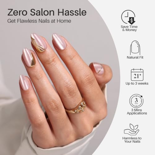 SHANGMENG Press on Nails, Almond Short 3D Rose Pink Cat Eye Nails, Soft Gel - color: Champagne Muse