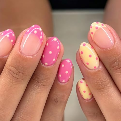 Polka Dot Short Almond Press On Nails Pink Yellow French Tip Fake Acrylic - color: BD-Pink Yellow-1