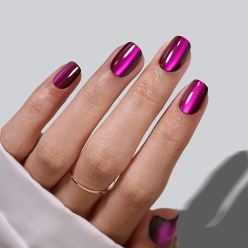 SHANGMENG Halloween Press on Nails, Square Short Plum Purple Cat Eye Nails - color: Amethyst