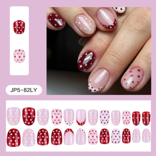 Polka Dot Press On Nails Short Almond Fake Nails Red White French Tip Nails - color: BD-Claret-10