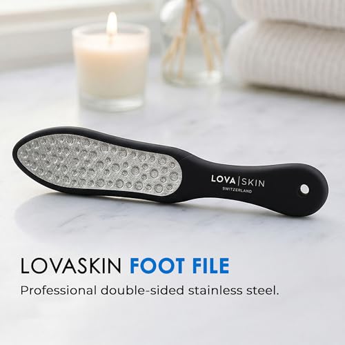 LOVA Skin Black Professional Foot File | Stainless Steel Foot Scraper and Callus Remover Tool | Double-Sided Pedicure Foot File for Dead Skin and Hard Heel Removal | Durable Hygienic Design - color: Black