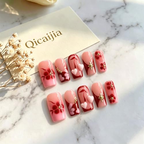 Medium Square Press on Nails Handmade Red Gradient False Nails - color: style5