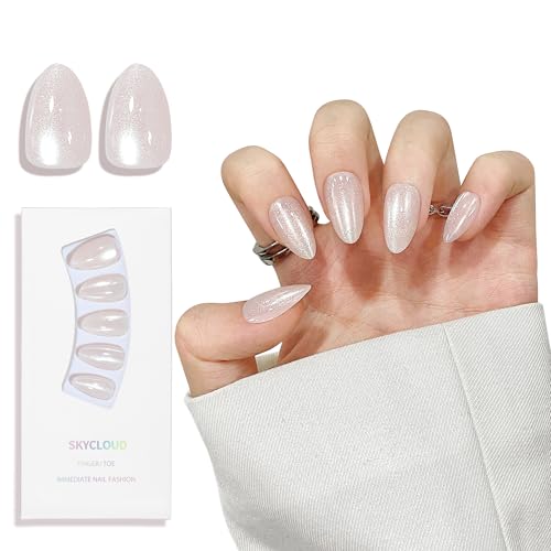 Almond Cat Eyes Press On Nails,12 Sizes - 24 Pcs Soft Gel White Medium Fake Nails Kit with Nail Glue, Natural Reusable Stick On False Nails for Women and Girls (Skycloud Moon White) SK0752 - color: SK0752-Moon White