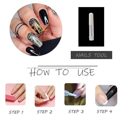 MISUD Press on Nails - Long Coffin Fake Nails with Black Gold, Acrylic Bling Glitter Design 24 pcs - color: 019A05-04Black&Gold