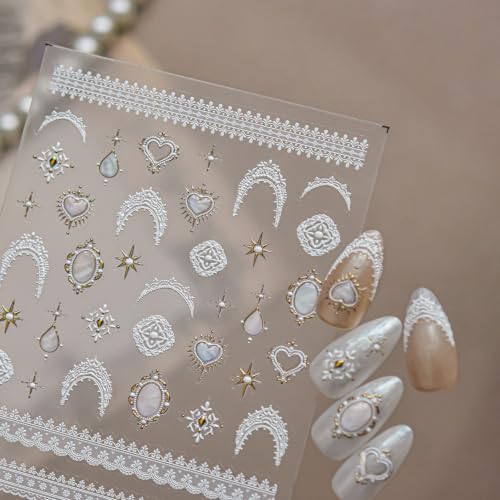 1 Sheet Vintage Frame Nail Stickers 5D Embossed White Lace Nail Decals Star Heart Nails Supplies Teardrop Shape Gem Nail Designs Lace French Tip Nail Art Stickers for Women DIY Manicure Decoration - color: Vintage
