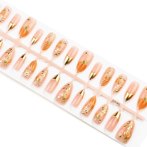 Fall Press on Nails Medium Almond, Gold French Tip Fake Nails, 30Pcs - color: Style-28