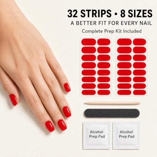 No UV Nail Stickers, 32 Classic Red Nail Wraps, Zero Dry Time - color: Classic Red
