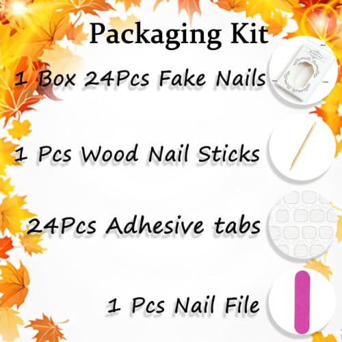 Fall Maple Leaf Press on Nails Short Square Fake Nails with Glitter Design Orange Cat Eye Acrylic False Nail Autumn Leaf Full Cover Stick On Nail Reusable Thanksgiving Artificial Nails for Women 24Pcs - color: special Fall-25