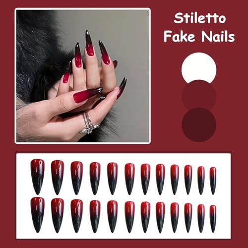 MISUD Press on Nails - Long Stiletto Glue on Nails with Gothic Red Black, Acrylic Goth Vampire Design 24 pcs - color: 02303-01Red Black