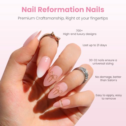 Nail Reformation Press On Nails, Golden Bow Medium Almond Fake Nails 30 Pcs - color: Golden Bow