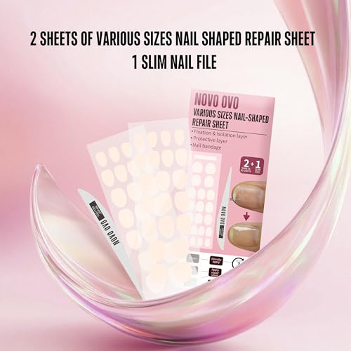 NOVO OVO Pre-cut Nail Shaped Repair Sheets Various Sizes with Slim File, Fixation & isolation layer, Bandage for Broken Nail-Surface, Recovery Protective layer for Acrylic, Easy to use 42 units - color: Various Sizes Nail Shaped Repair Sheet