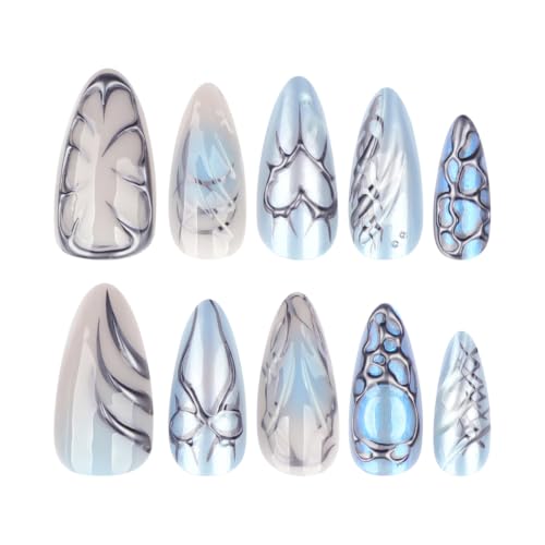 Y2K Blue Press on Nails Long Almond - 3D Metal Design - color: Style-07