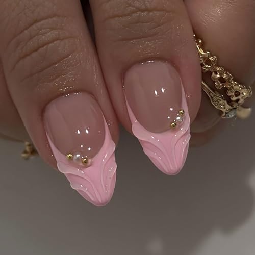 Pink Almond Press On Nails Medium Fake Nails With 3D Flower Design French Tip Nail Press Ons Gold Pearl Spring Acrylic Nails Glossy False Glue On Nails For Women 24Pcs - color: Design-1