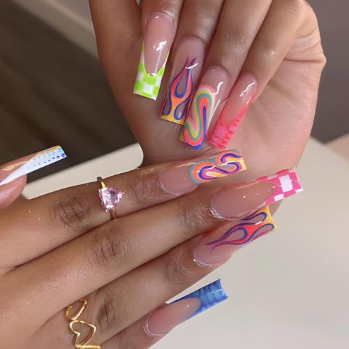 MISUD Press on Nails - Long Square Glue on Nails with Colorful Plaid, Acrylic Checkered Flame Design 24 pcs - color: 07811Colorful