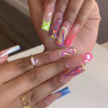 MISUD Press on Nails - Long Square Glue on Nails with Colorful Plaid, Acrylic Checkered Flame Design 24 pcs - color: 07811Colorful