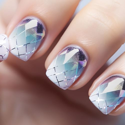RTKHFZE Square Press on Nails Short False Nails Full Cove Acrylic Nails Geometry Fake Nails Purple Gradient Glue on Nail Stick on Nail for Women 24 Pcs - color: W1460