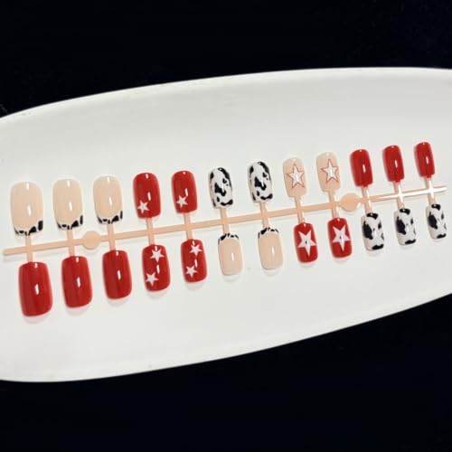 NBNTGH Short Square Press on Nails Red White Fake Nails Y2K Star False Nail - color: Style30