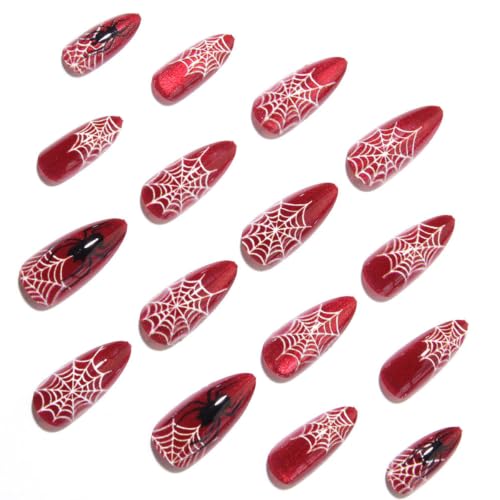 Halloween Press on Nails Almond Red Glitter Cat Eye Spider Web Fake Nails - color: Halloween Spider Web Nails-14