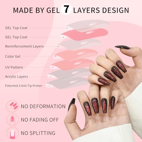 Cat Eyes Press On Nails,12 Sizes - 24 Pcs Soft Gel Dark Red Brown Medium Coffin Fake Nails Kit with Nail Glue, Natural Reusable Stick On False Nails for Women and Girls (Skycloud Nails) SK0825 - color: SK0825-Dark Red Brown