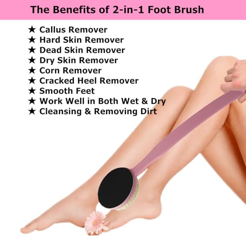 Foot File Callus Remover 13.7" Long Handle with Foot Scrubber Brush for Shower, 2-in-1 Sand Paper Pedicure Tool, Dead Skin Remover, Back Scrubber Body Brush for Deep Cleansing, Pink - color: Pink