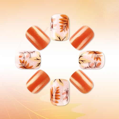 Fall Press on Nails Short Square Nails Fake Nails with Maple Glitter Designs Autumn Nails Press ons Orange Glue on Nails Full Cover False Nails Glossy Stick on Nails for Women 24Pcs - color: 11