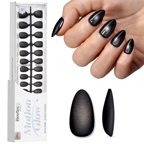 Beetles Black Cat Eye Press On Nails 96 Pcs, Matte Short Almond, 16 Sizes - color: 0 - Black CatEye - S